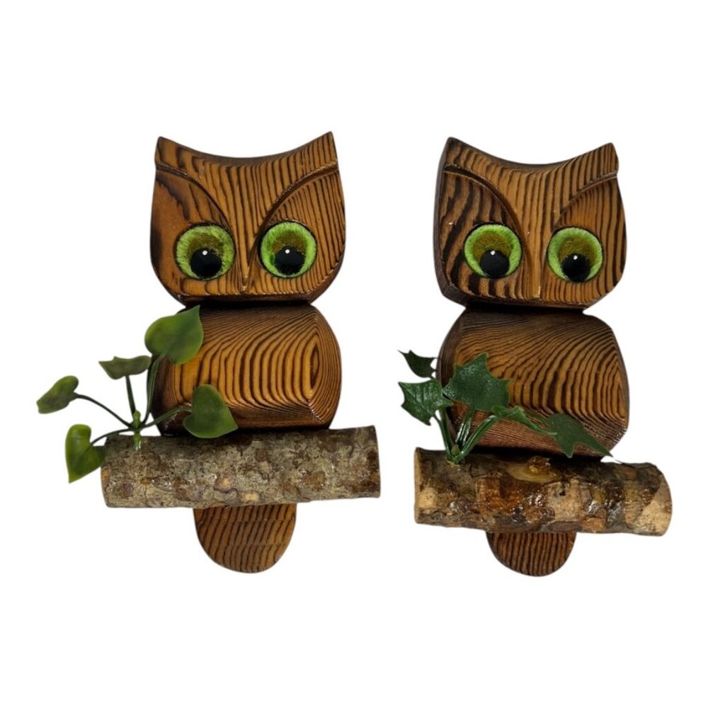Set of 2 MCM Wooden Owls